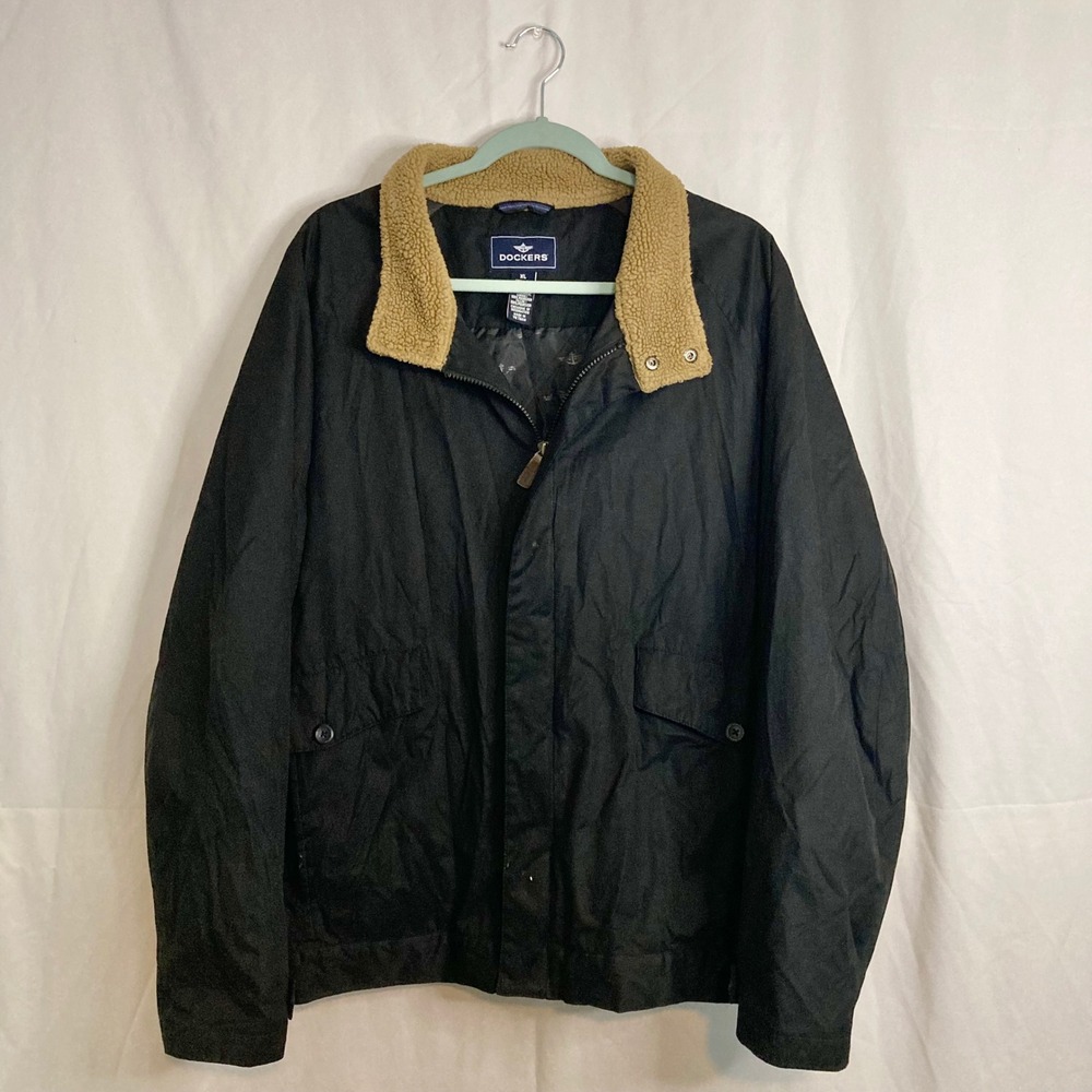 Dockers Black Full Zip Barn Jacket Tan Sherpa Collar Quilted Lined Chore Coat XL